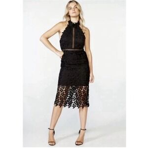 BARDOT Gemma‎ Halter Floral Leaf Black Lace Bodycon Midi Dress Size 6/S